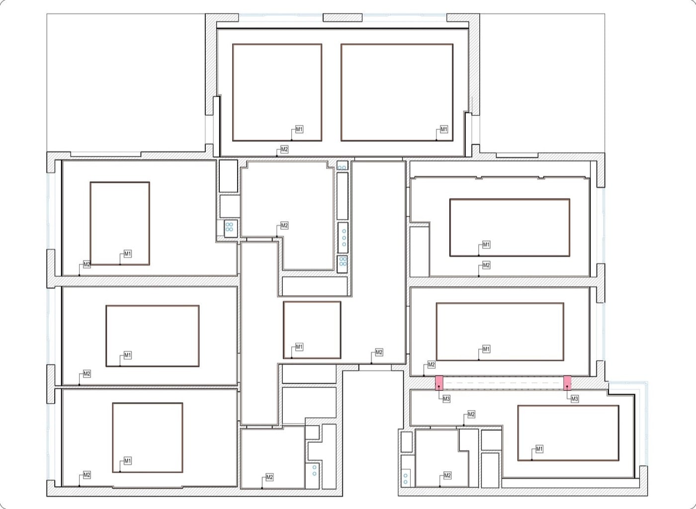 Reflected ceiling plan of an apartment with ceiling material tags M1 to M3 in each room
