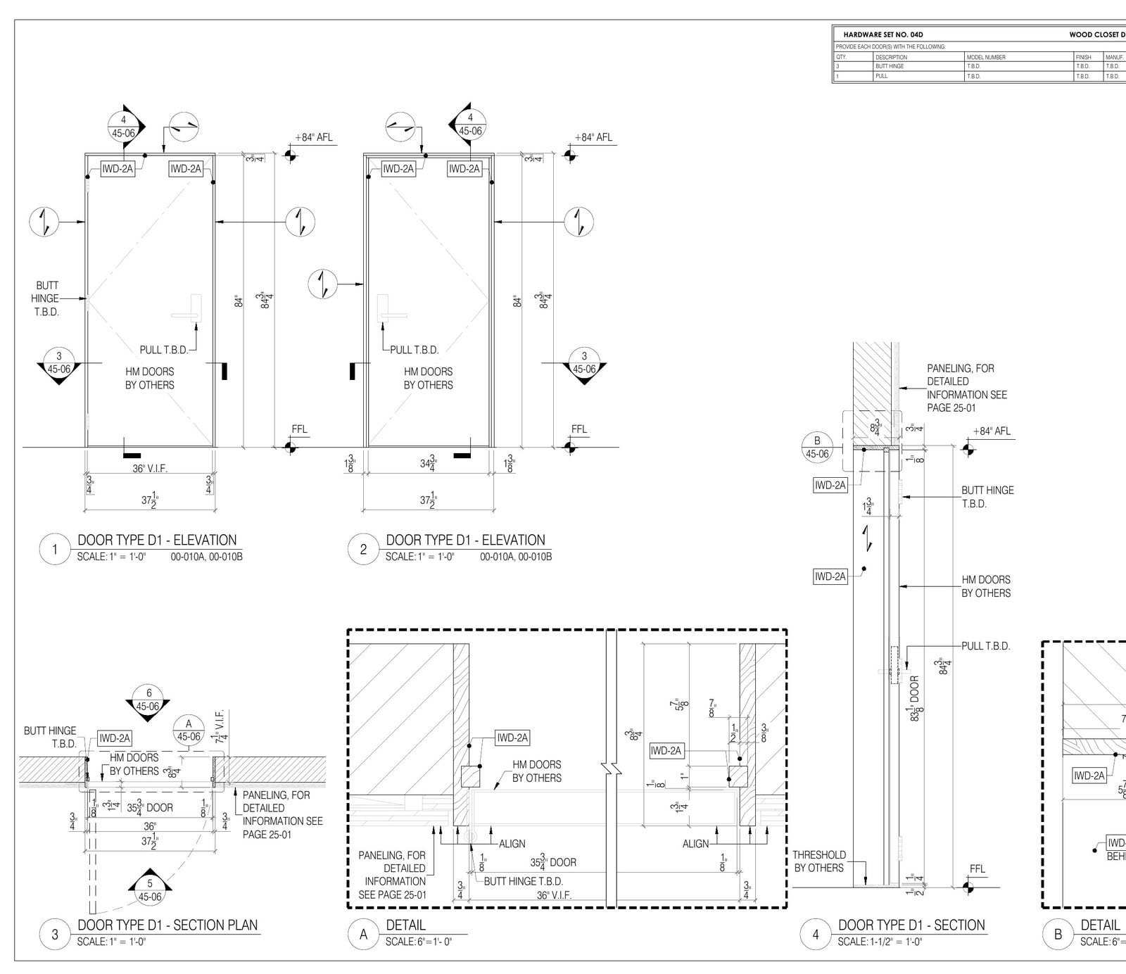 Door type D1 drawn as two elevations, a section plan, a vertical section and head and jamb details with hardware set 04D