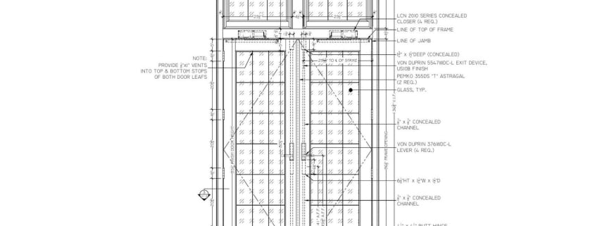 Elevation of a pair of glazed loggia doors with transoms, door numbers D001 and D002, closers, exit device, hinges and threshold called out